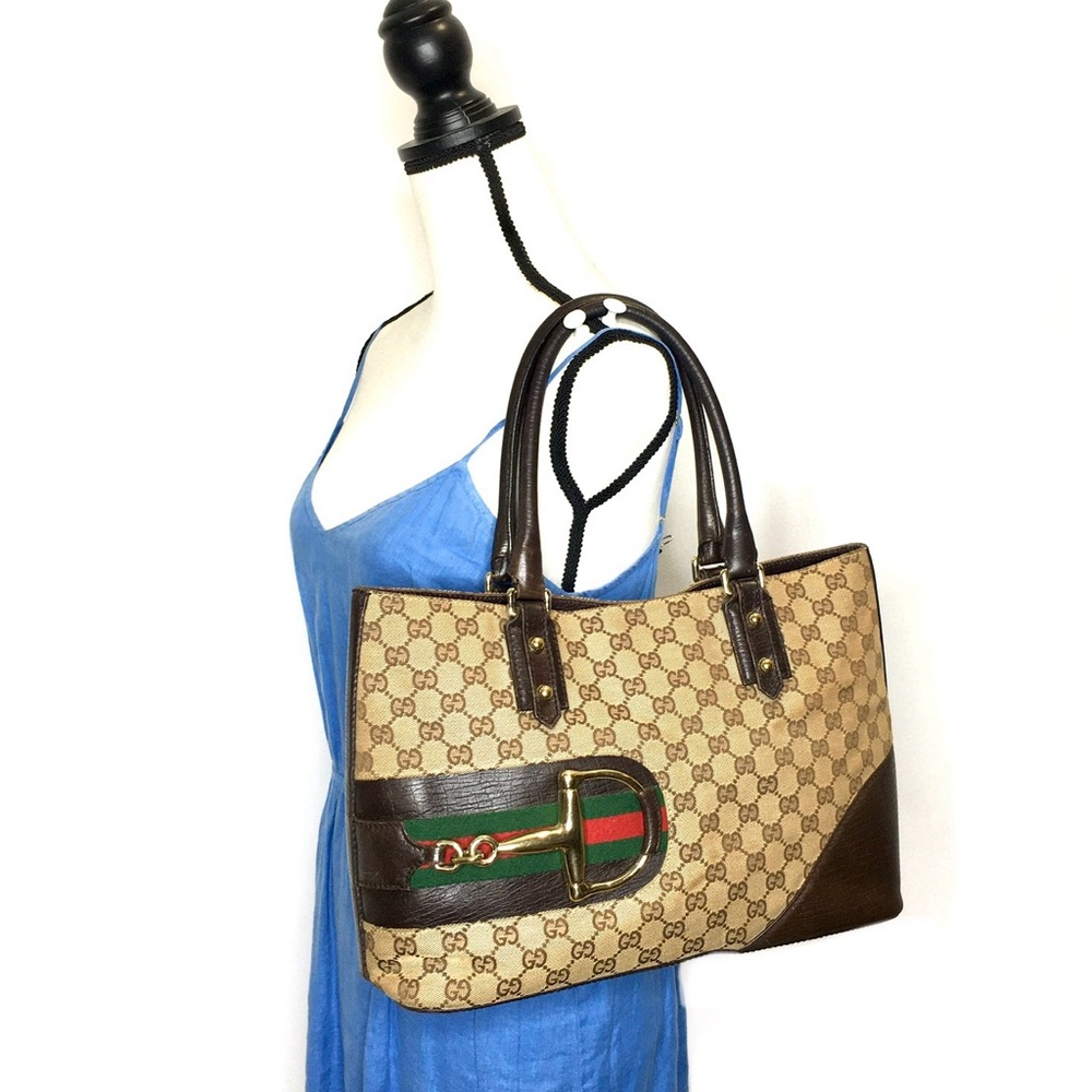 Gucci Beige and Brown Tote with Green-Red Accent